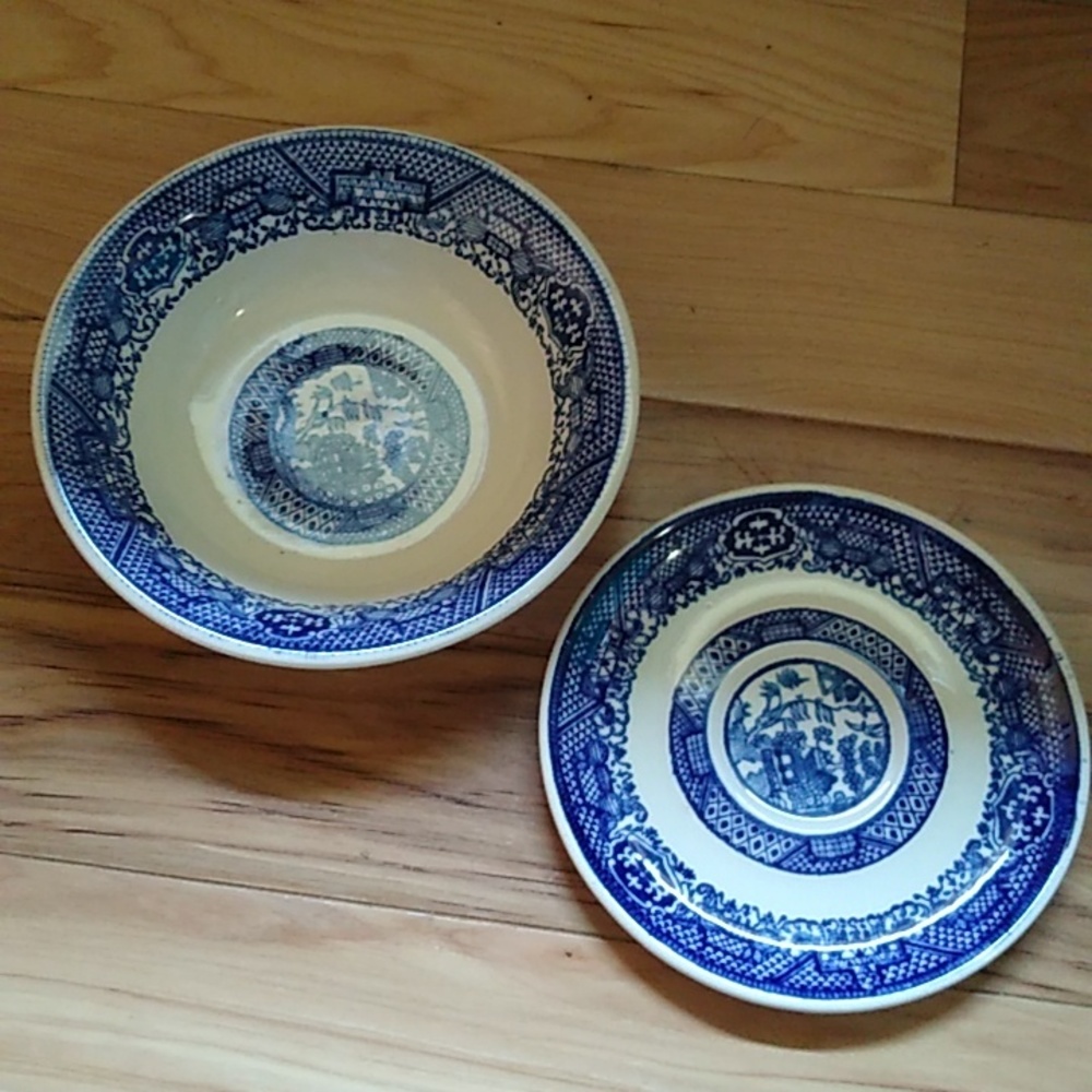 Vintage Pottery Blue Willow one soup bowl and one saucer.